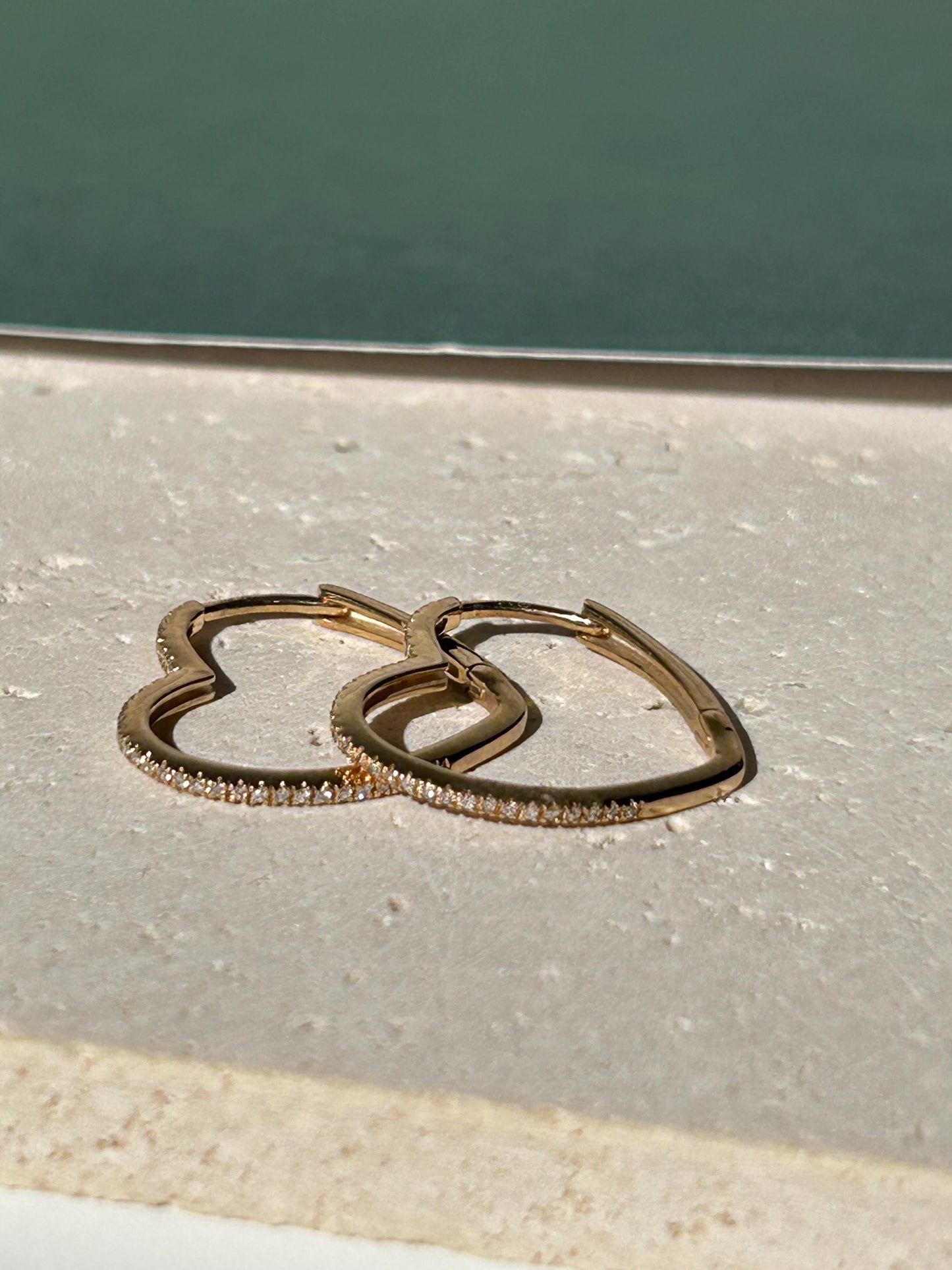 10K Solid Gold Heart Hoop Earrings, Natural Diamond Accent, Minimalist Jewelry
