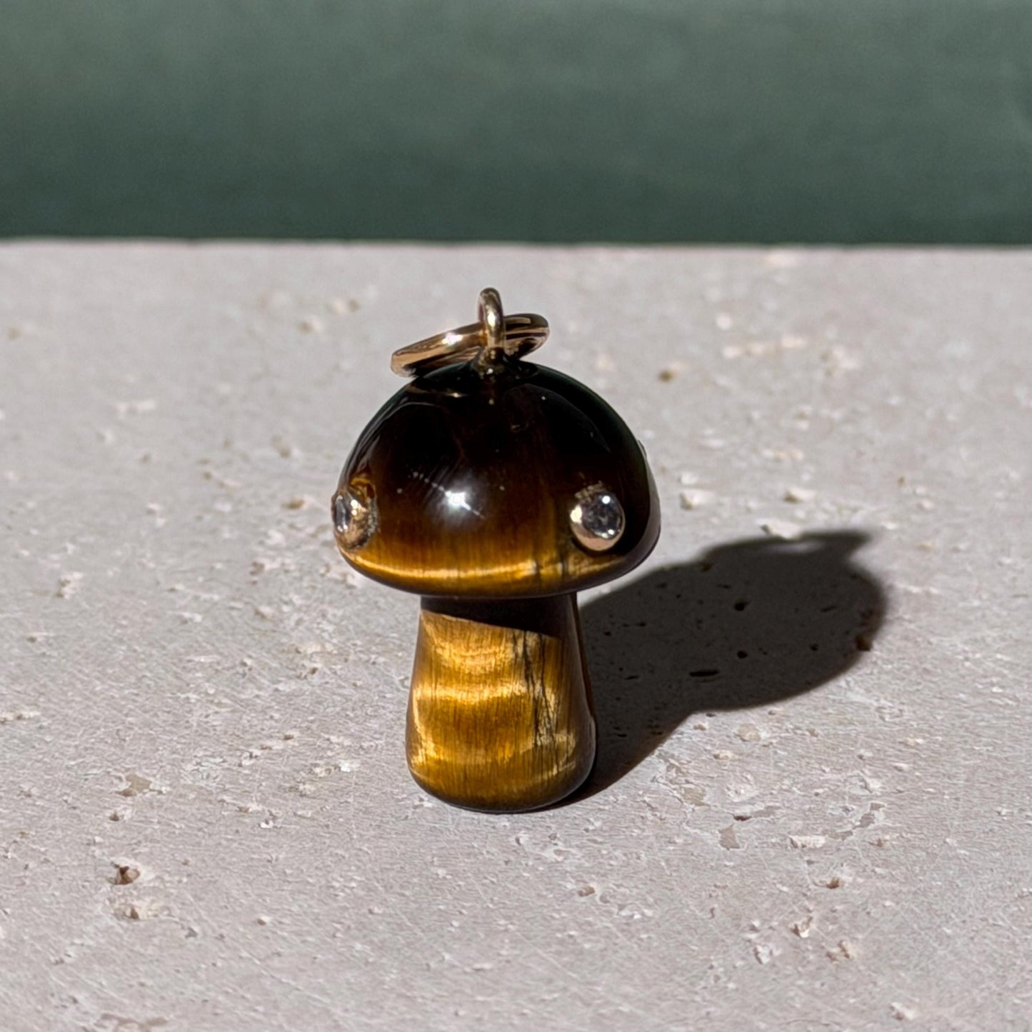 14K Gold Tiger Eye Mushroom Charm with Natural Diamonds – Whimsical Fine