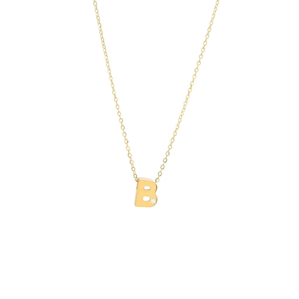 14k Yellow Gold Diamond B Initial Letter Minimalist Necklace 16"-18"