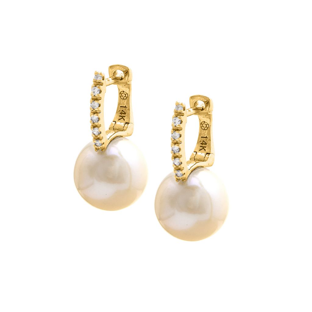 14K Yellow Gold Pearl Pave Natural Diamond Earrings 9mm