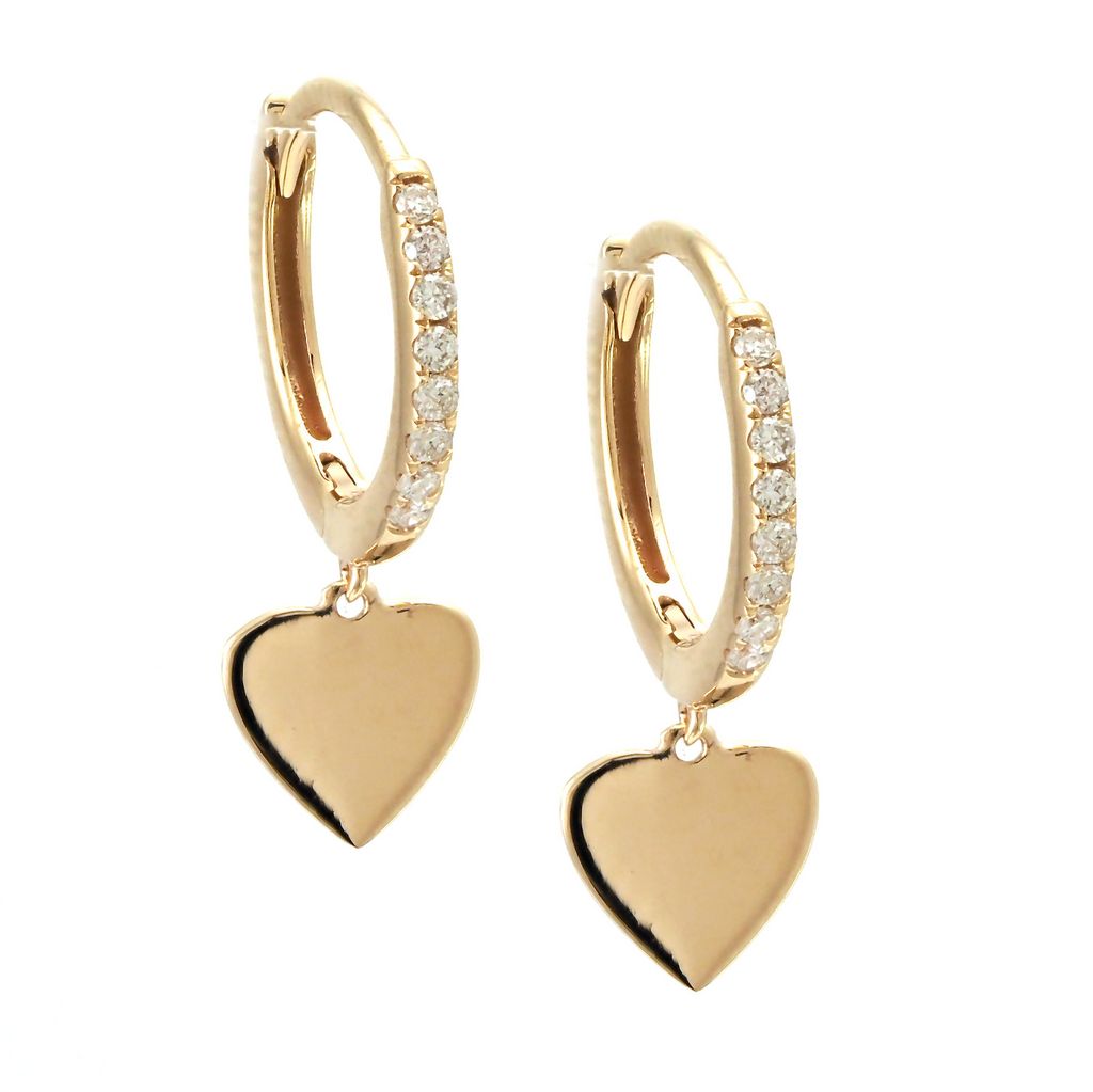 14K Yellow Gold Natural Pave Diamond Huggies with Dangling hearts 6x17mm