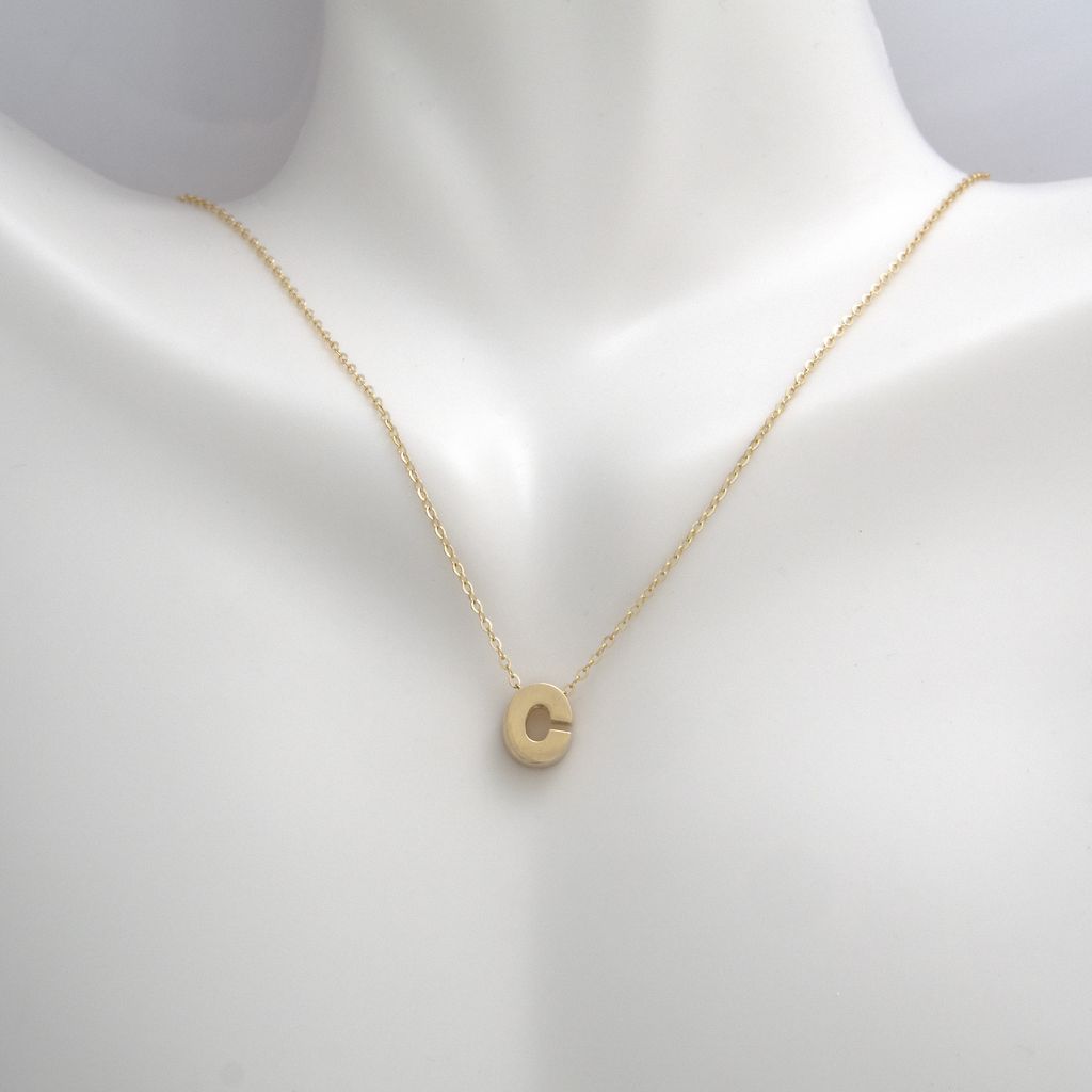 14k Gold Yellow Gold C Initial Letter Minimalist Necklace 16"-18"