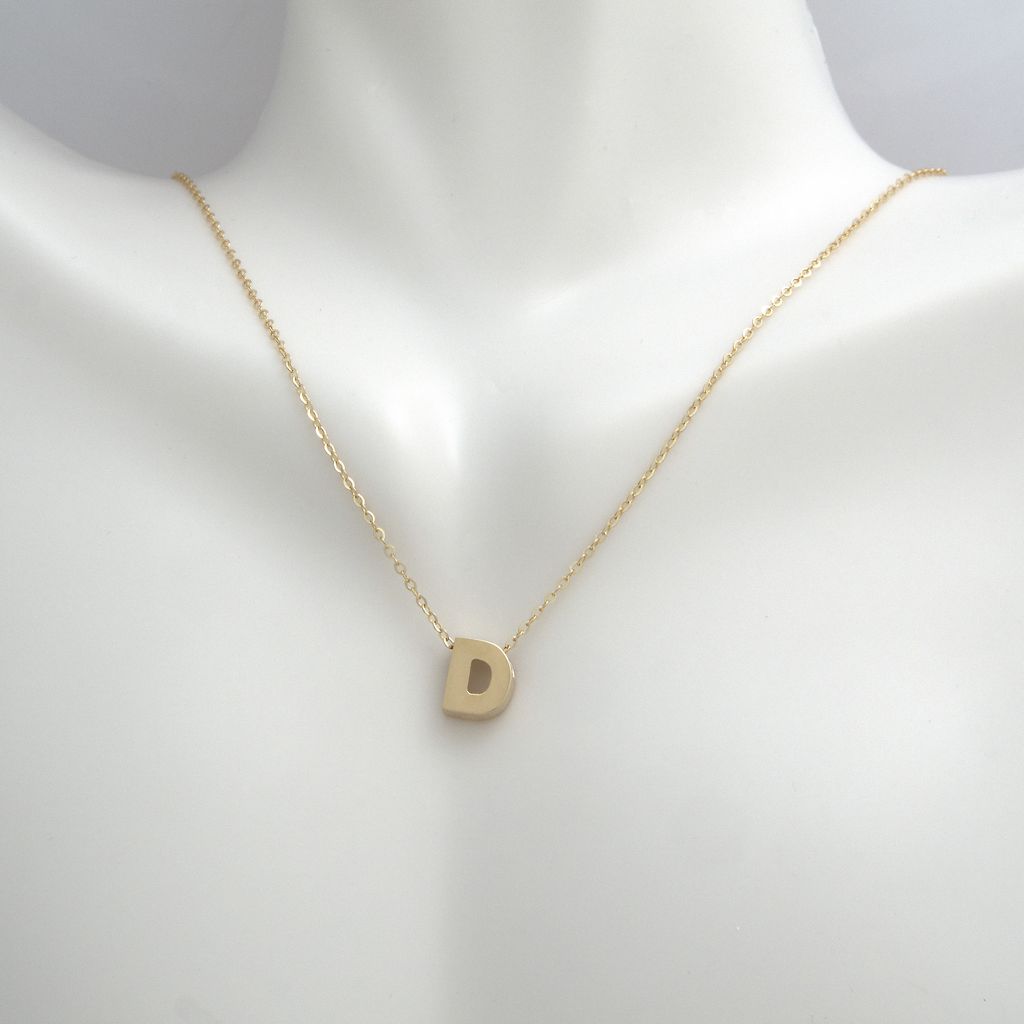 14k Gold Yellow Gold D Initial Letter Minimalist Necklace 16"-18"