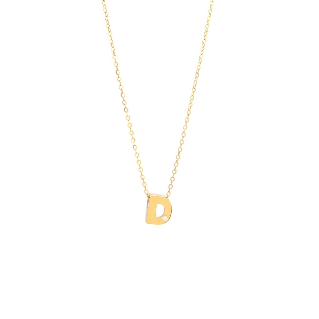 14K Yellow Gold Diamond D Initial Letter Minimalist Necklace 16"-18"