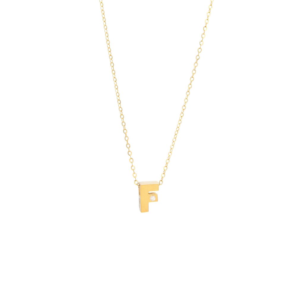 14K Yellow Gold Diamond F Initial Letter Minimalist Necklace 16"-18"