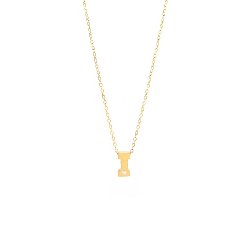14K Yellow Gold Diamond I Initial Letter Minimalist Necklace 16"-18"