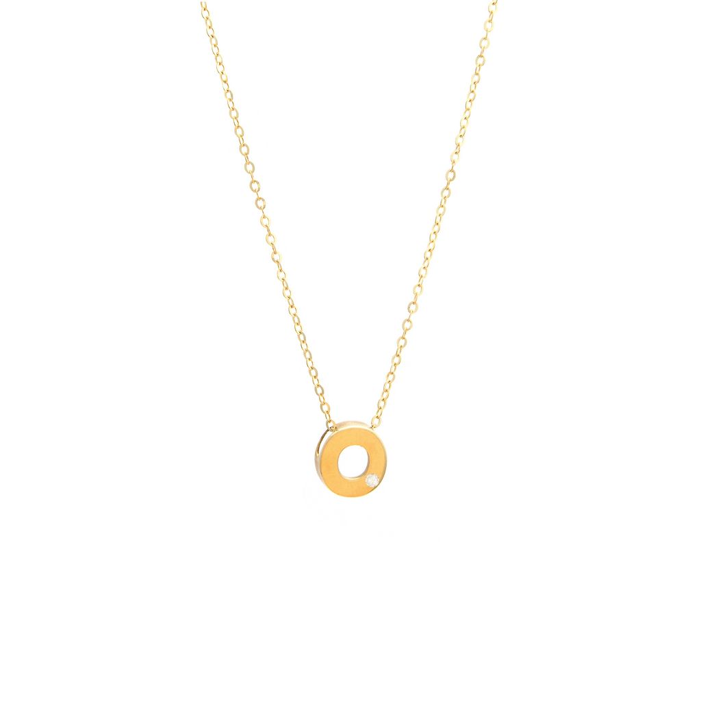 14K Yellow Gold Diamond O Initial Letter Minimalist Necklace 16"-18"