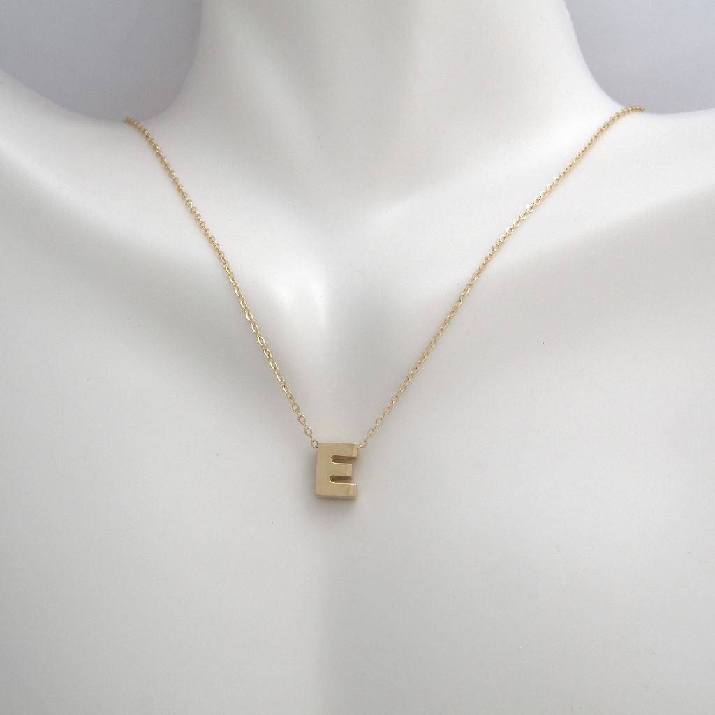 14k Gold Yellow Gold E Initial Letter Minimalist Necklace 16"-18"