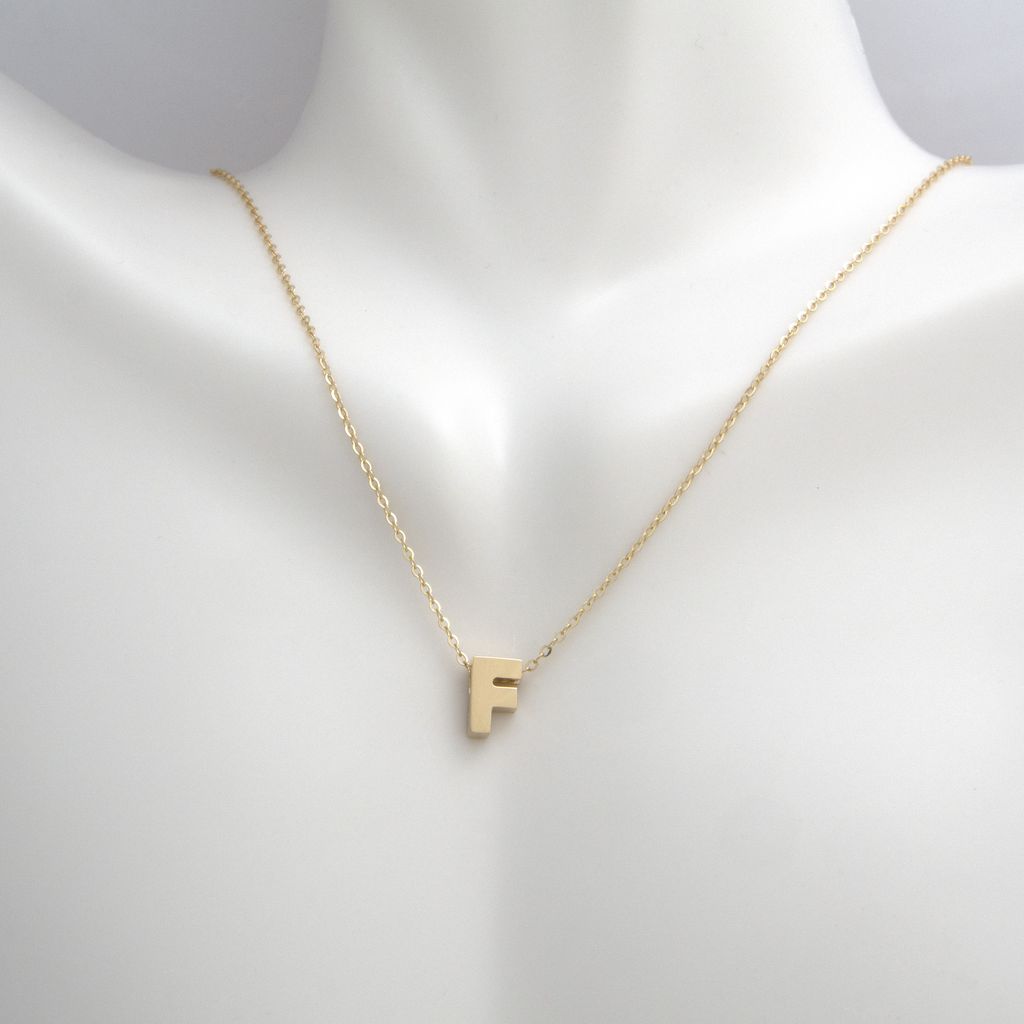 14k Gold Yellow Gold F Initial Letter Minimalist Necklace 16"-18"