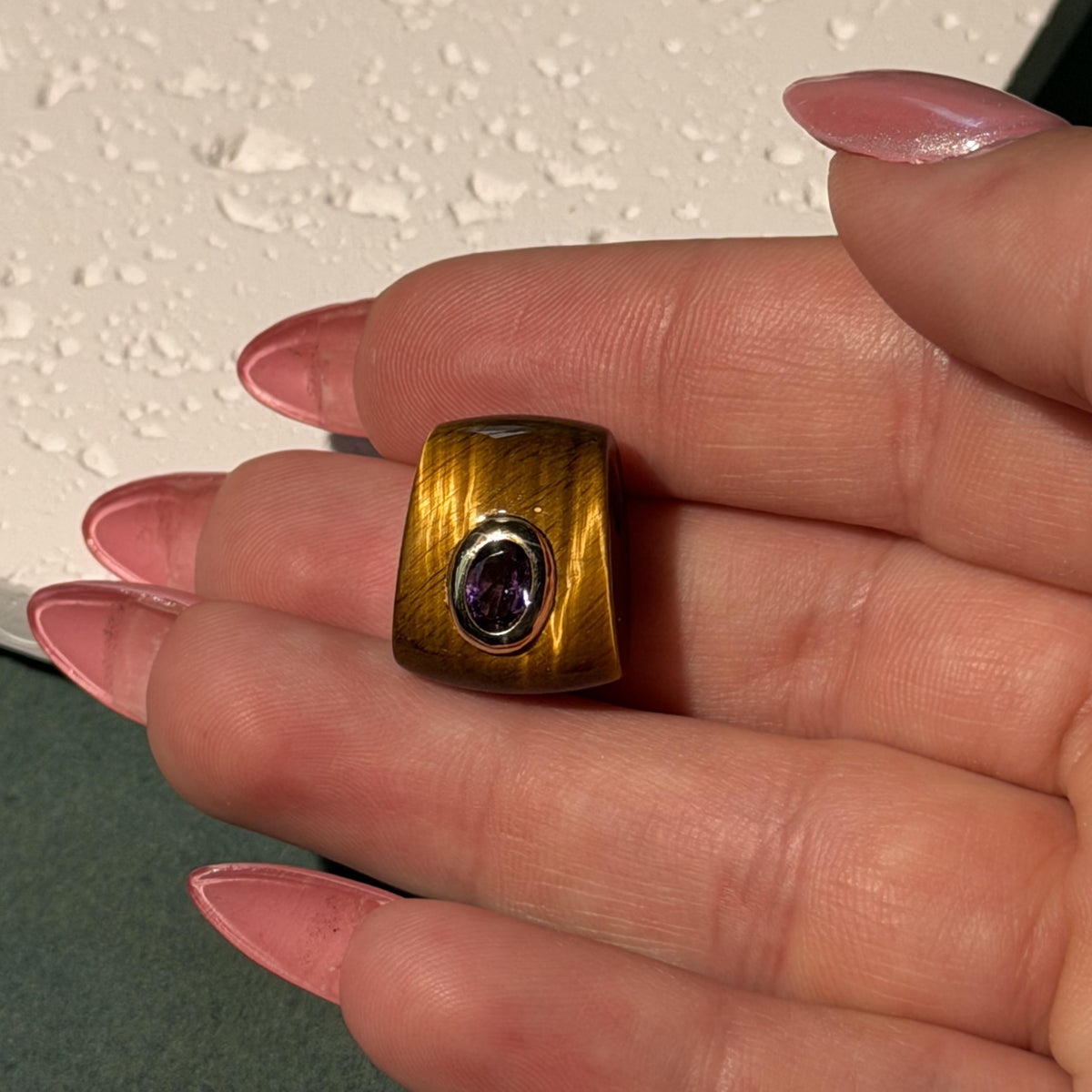 14K Solid Gold Tiger Eye & Amethyst Bezel Set Pendant Charm 17x13mm