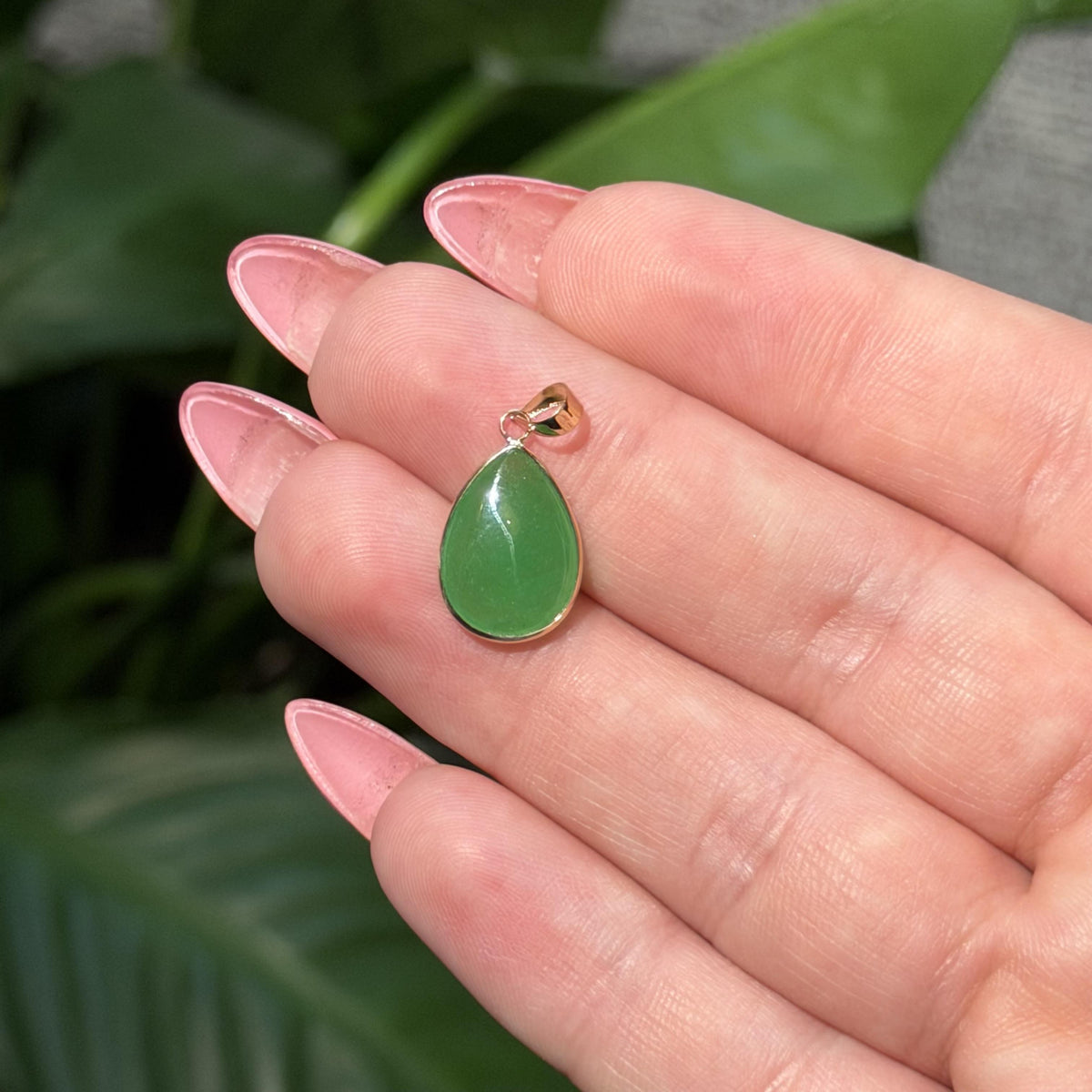 14K Real Solid Gold Pear Shape Jade Pendant, Bezel Set Charm 21X10MM