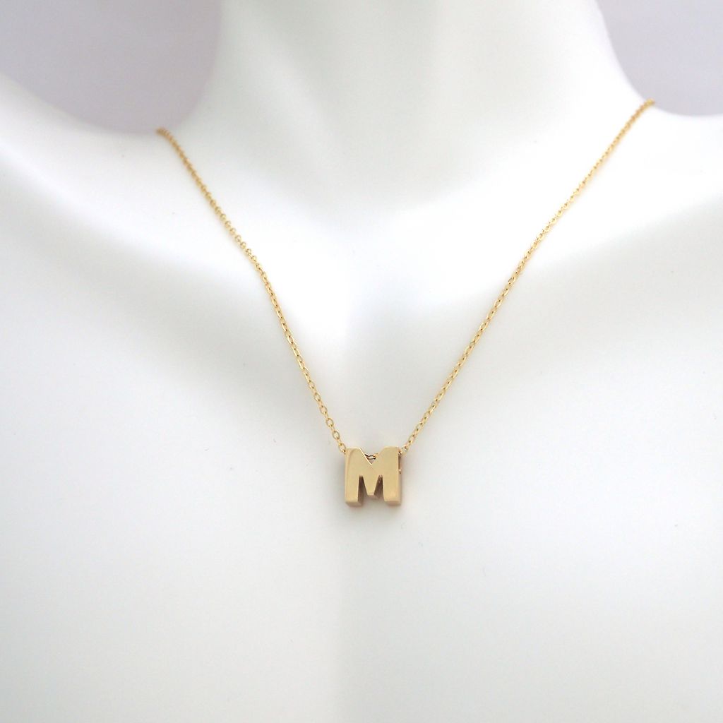 14k Gold Yellow Gold M Initial Letter Minimalist Necklace 16"-18"