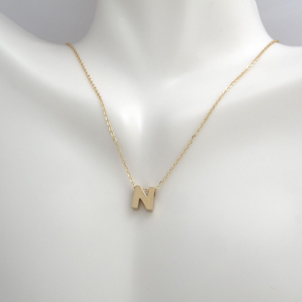 14k Gold Yellow Gold N Initial Letter Minimalist Necklace 16"-18"