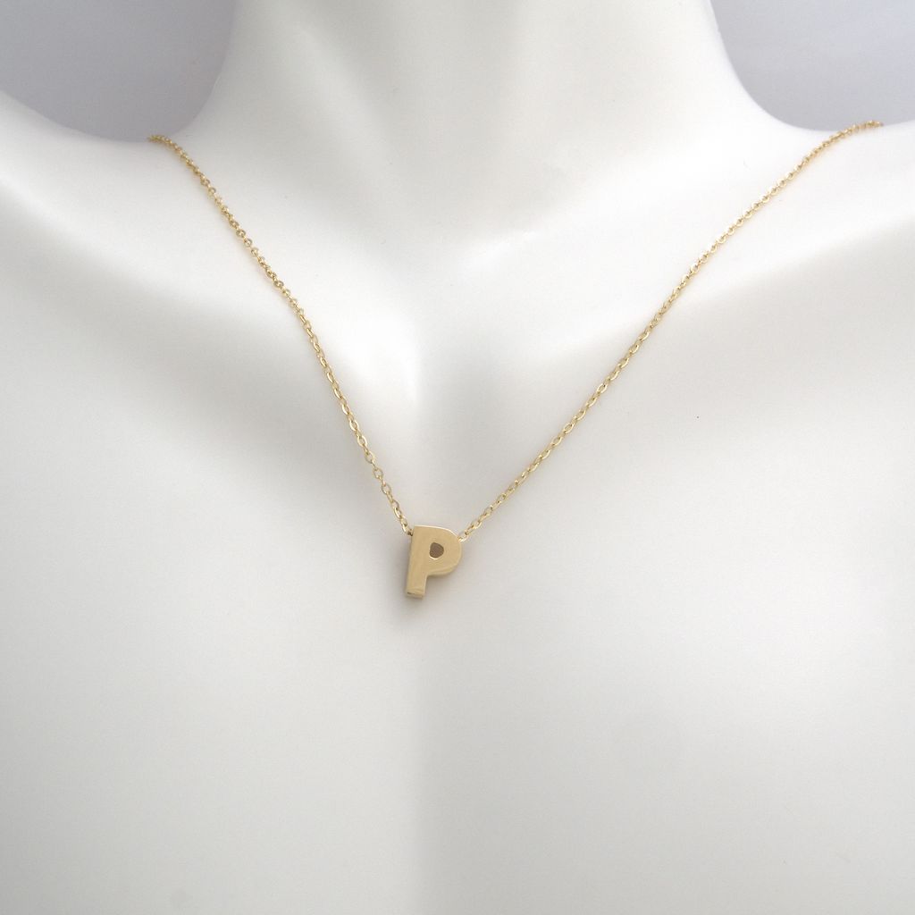 14k Gold Yellow Gold P Initial Letter Minimalist Necklace 16"-18"