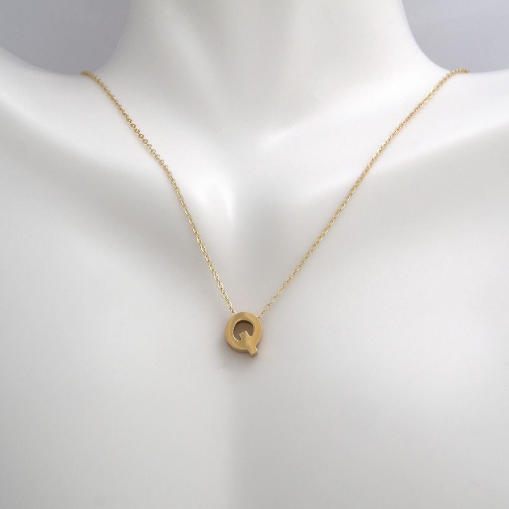 14k Gold Yellow Gold Q Initial Letter Minimalist Necklace 16"-18"