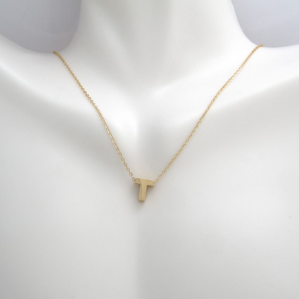 14k Gold Yellow Gold T Initial Letter Minimalist Necklace 16"-18"