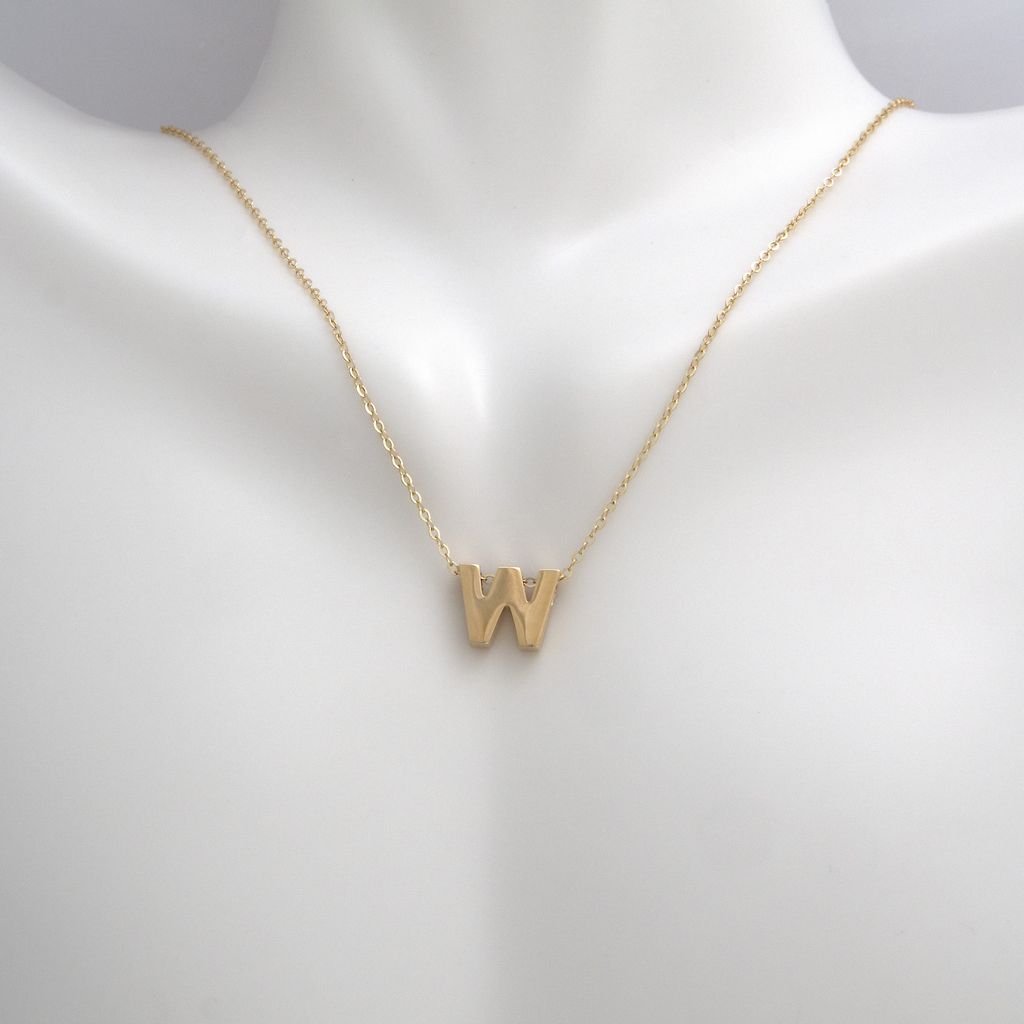 14k Gold Yellow Gold W Initial Letter Minimalist Necklace 16"-18"