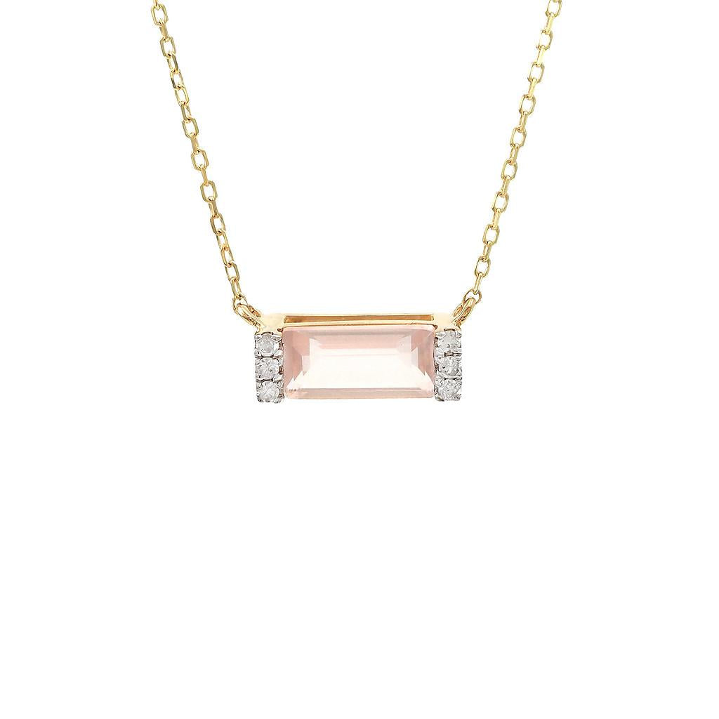 14K Real Yellow Gold Bar Rectangular Prong Pink Quart And Diamond Necklace 16+2″
