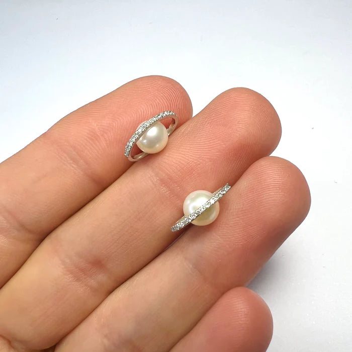 14K Yellow Gold Pearl Pave Natural Diamond Planet Earrings6x12mm