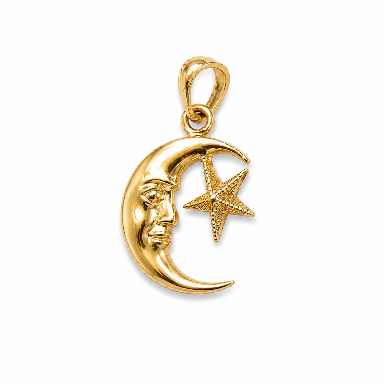 14K Real Yellow Gold Moon & Star Pendant 20mm