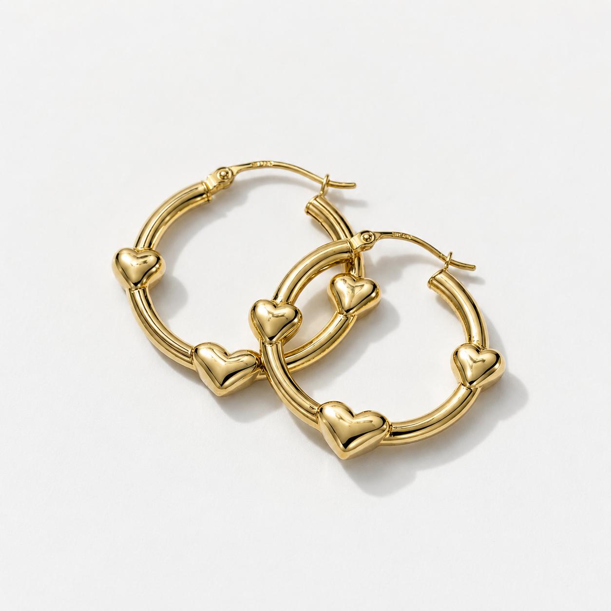 14K Real Yellow Gold Puffy Heart Hoop Earrings 1.25″