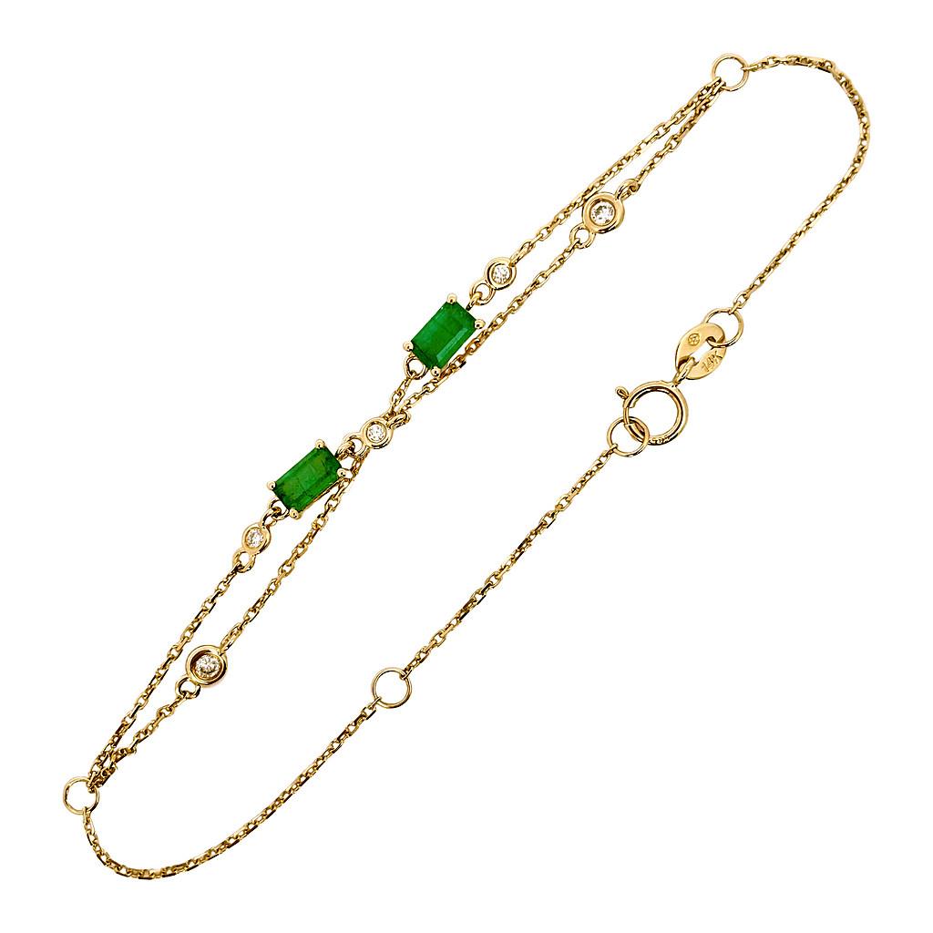 14K Real Yellow Gold Rectangular Prong Emerald And Diamond Bracelet 6+1″