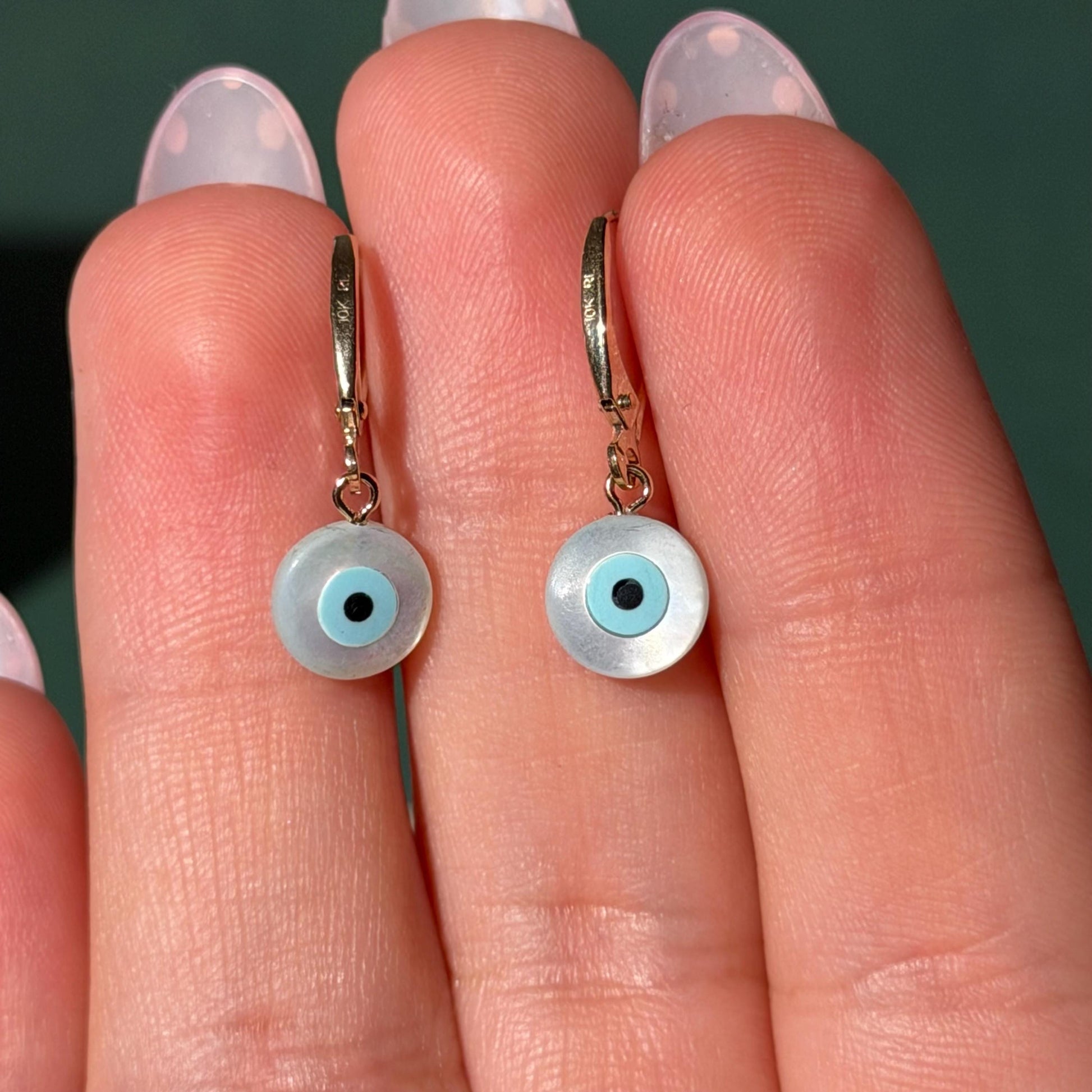 10K Real  Solid Gold Evil Eye Mother of Pearl Dangling earrings