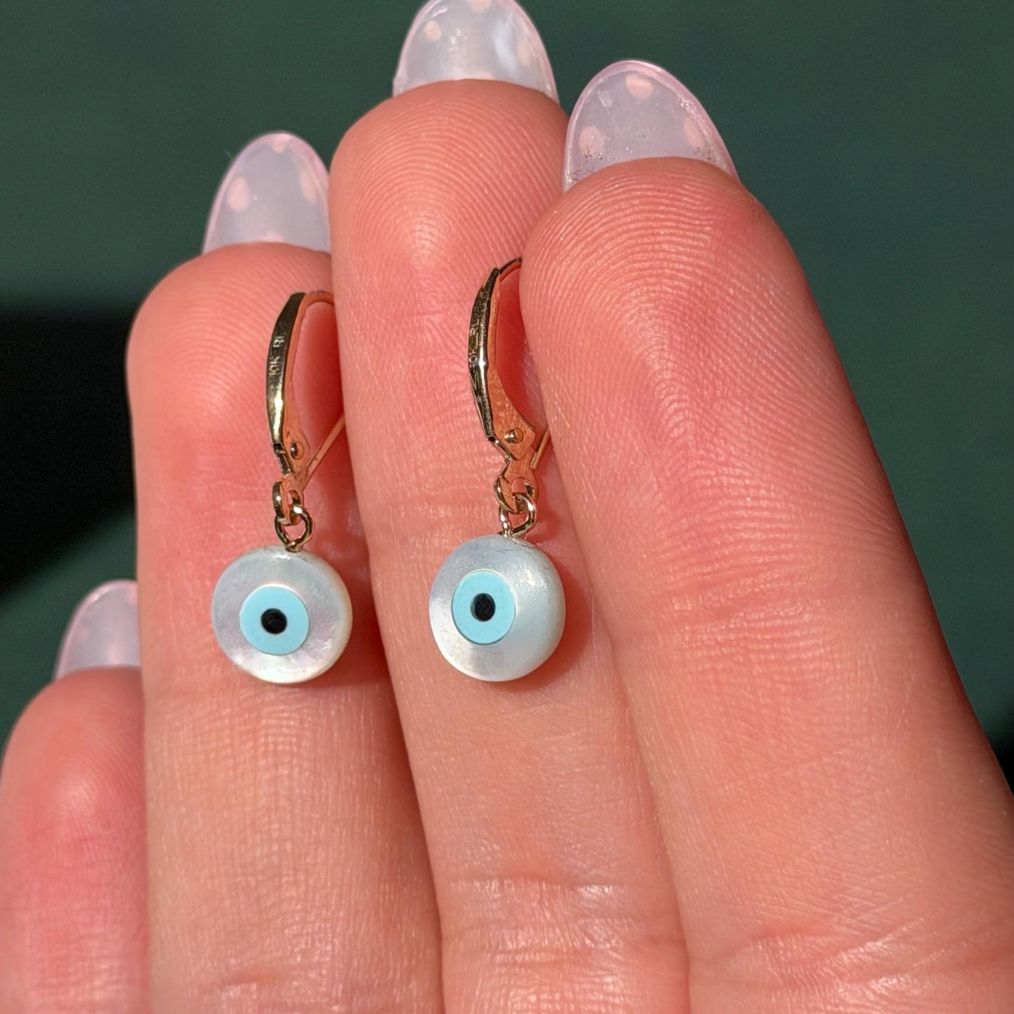 10K Real  Solid Gold Evil Eye Mother of Pearl Dangling earrings