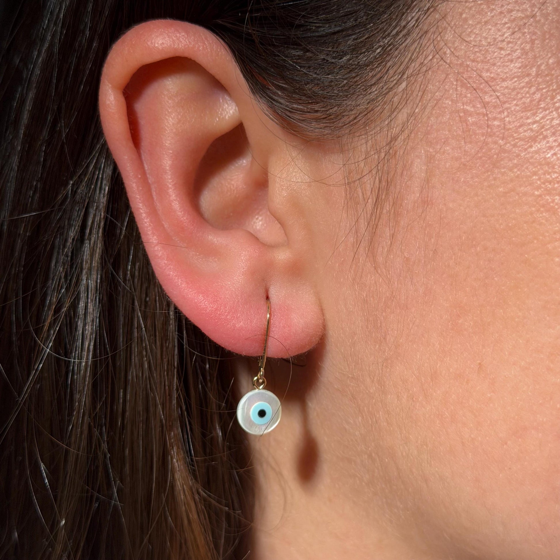 10K Real  Solid Gold Evil Eye Mother of Pearl Dangling earrings