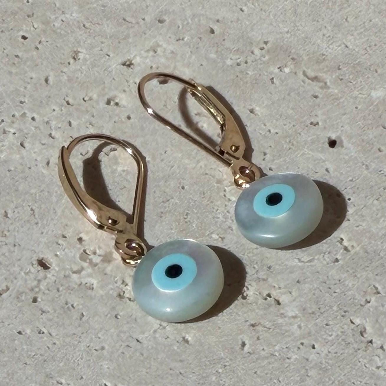 10K Real  Solid Gold Evil Eye Mother of Pearl Dangling earrings
