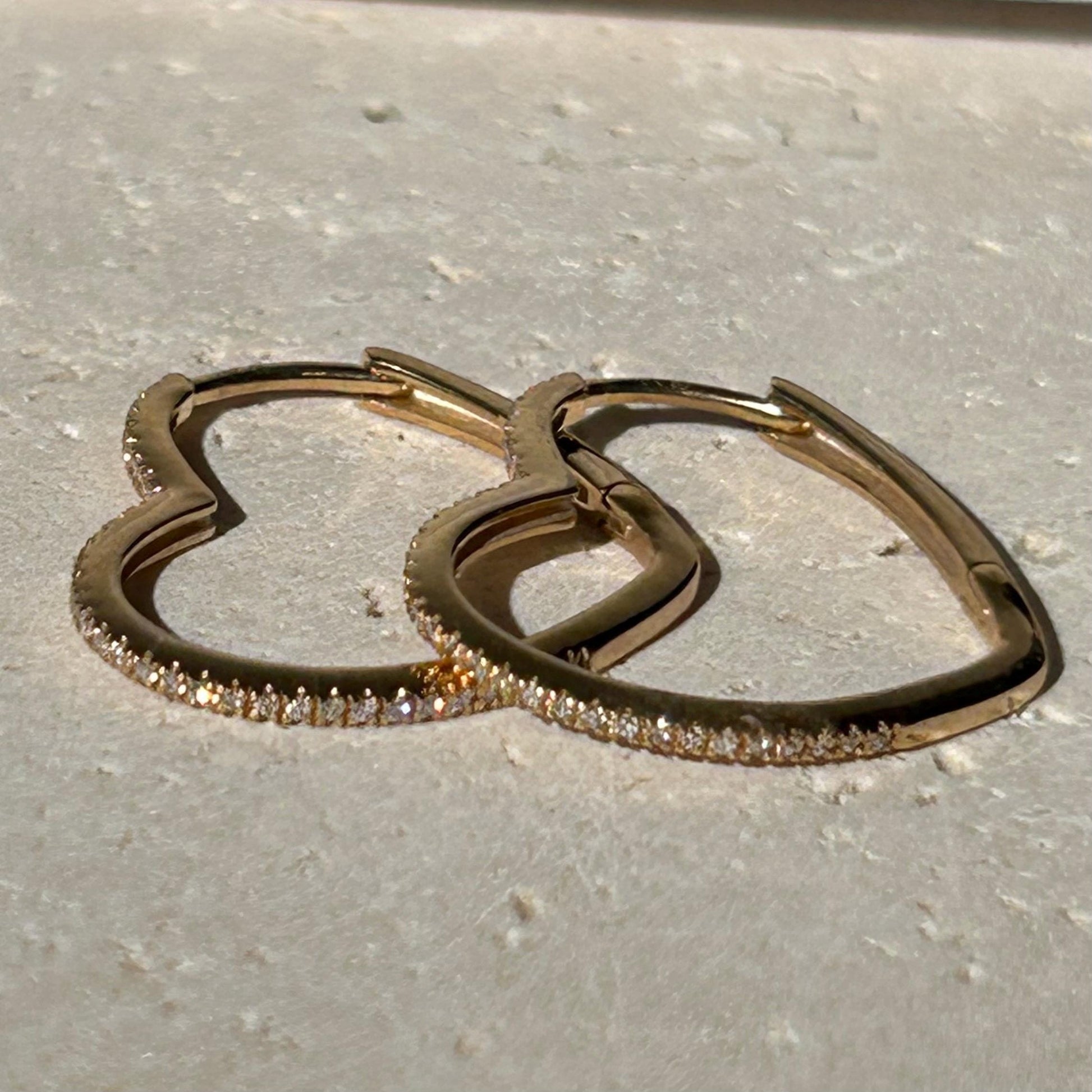 10K Solid Gold Heart Hoop Earrings, Natural Diamond Accent, Minimalist Jewelry