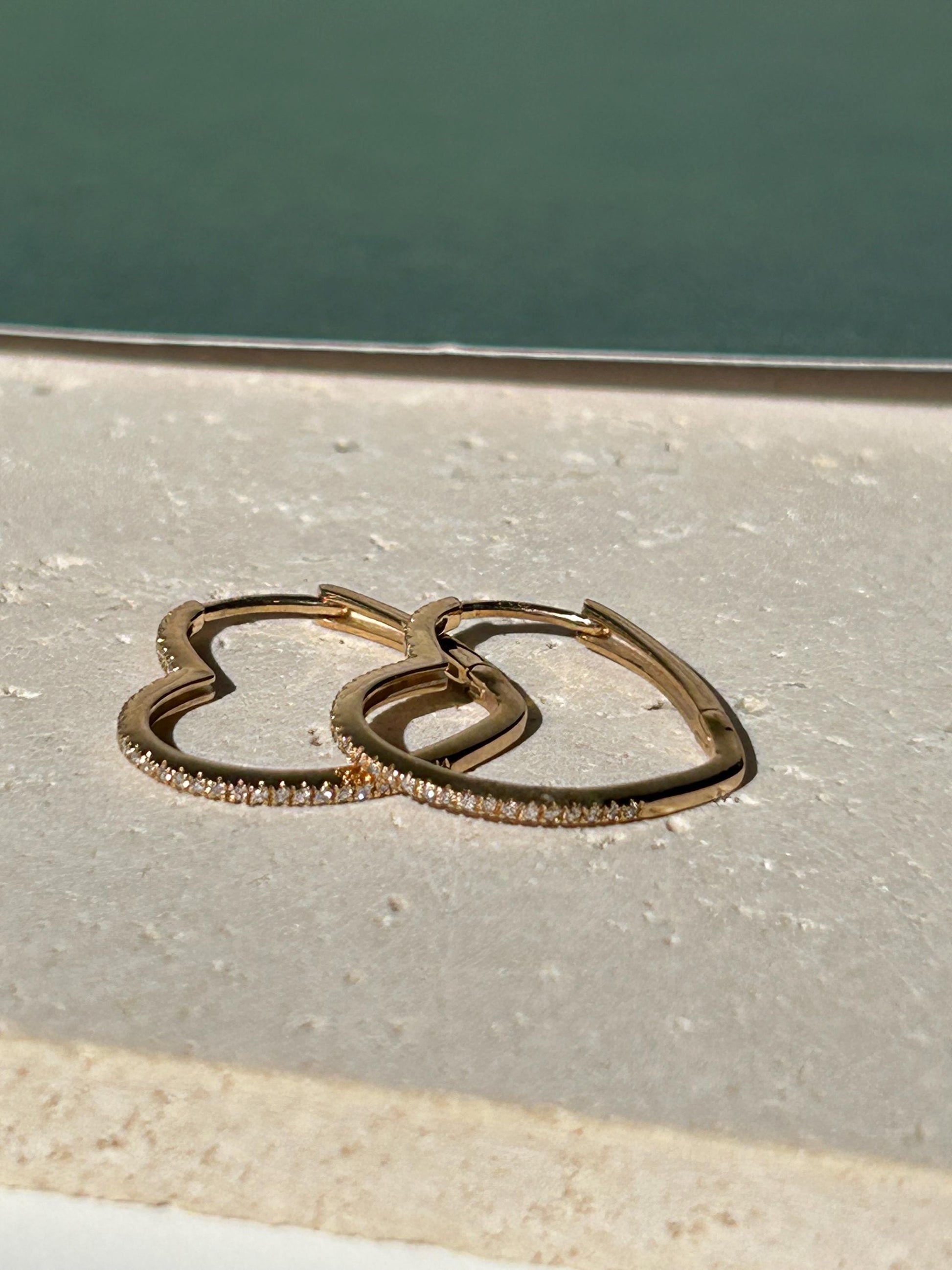 10K Solid Gold Heart Hoop Earrings, Natural Diamond Accent, Minimalist Jewelry