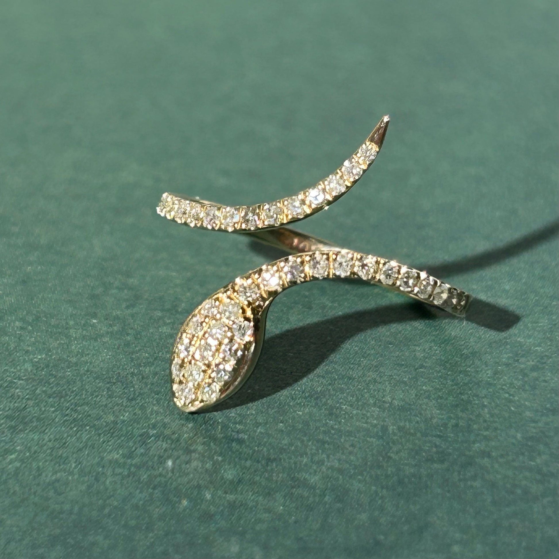 10K Solid Gold Pavé Diamond Snake Ring, Adjustable Size 5.5-7 Wrap Statement