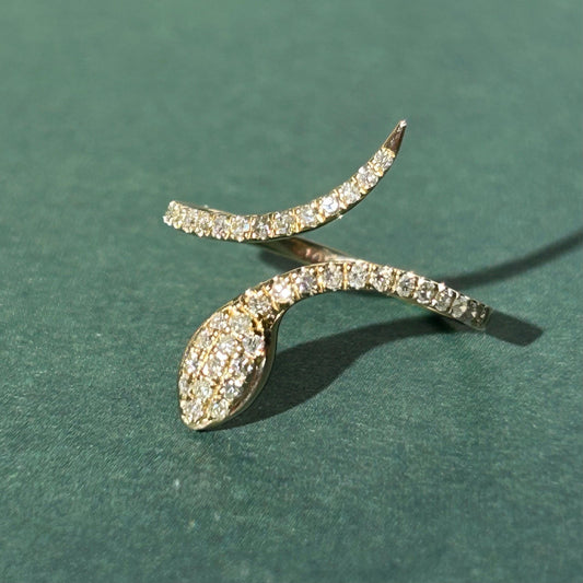 10K Solid Gold Pavé Diamond Snake Ring, Adjustable Size 5.5-7 Wrap Statement