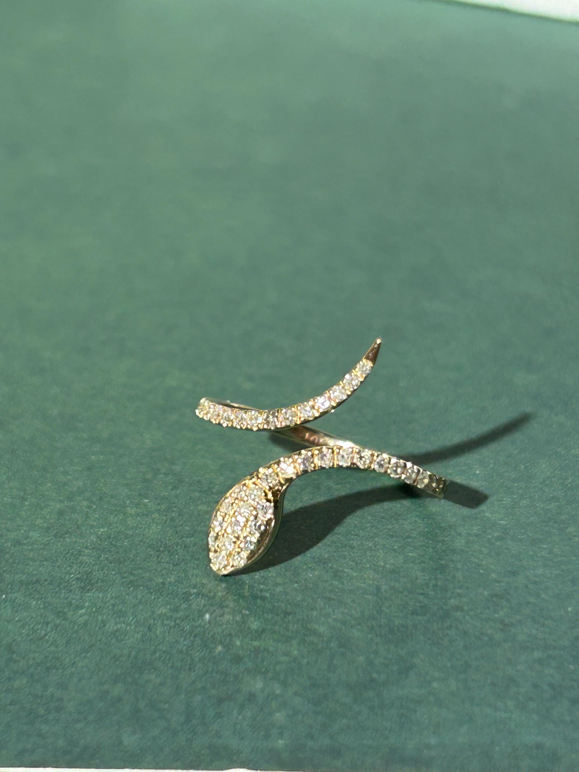 10K Solid Gold Pavé Diamond Snake Ring, Adjustable Size 5.5-7 Wrap Statement