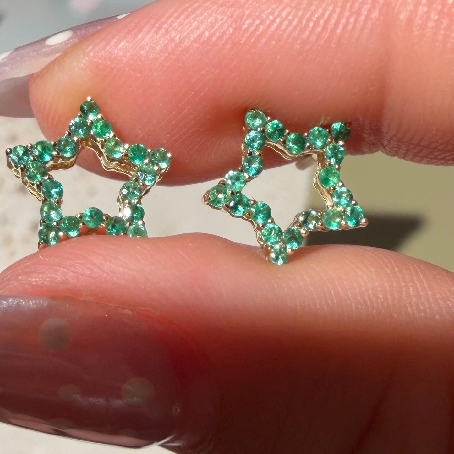 10K Yellow Gold Emerald Star Stud Earrings with Screw Backs
