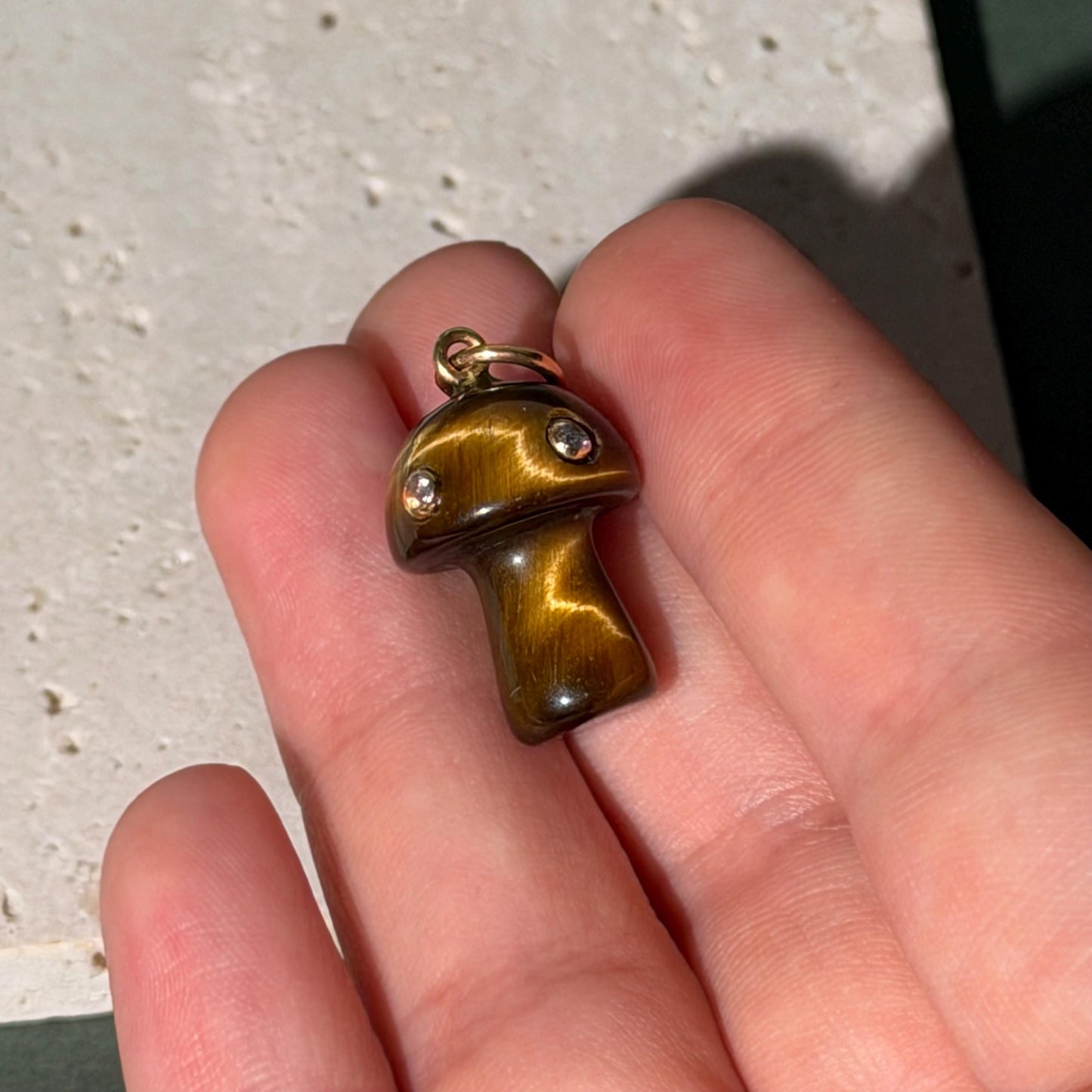 14K Gold Tiger Eye Mushroom Charm with Natural Diamonds – Whimsical Fine