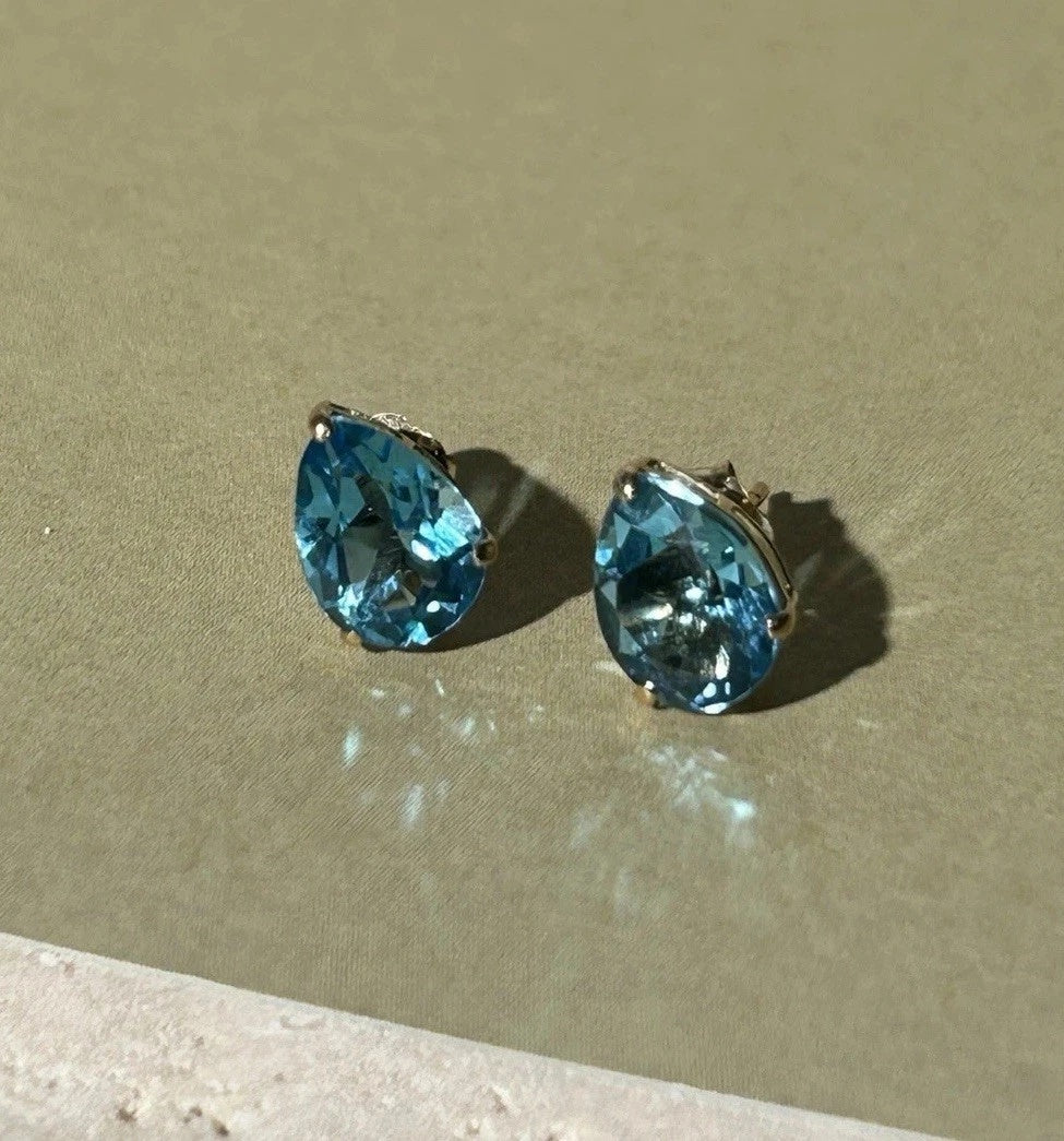 14K Real Gold Natural Topaz Pear Shape Earring Stud Push back fine jewelry