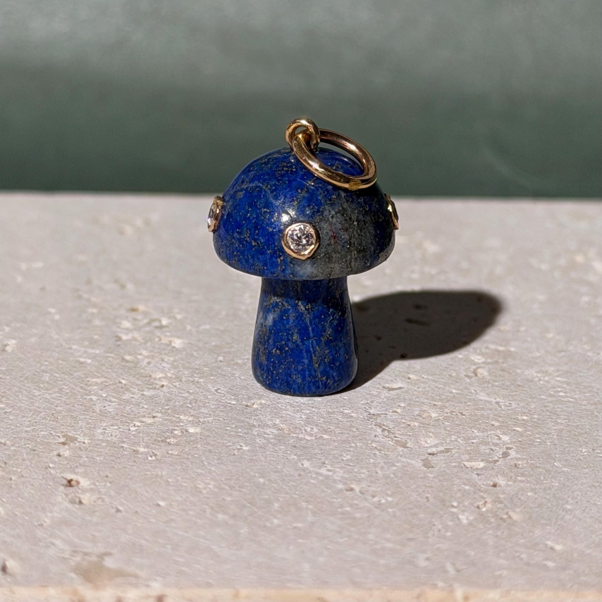 14K Solid Gold Lapis Lazuli Mushroom Pendant with Natural Diamond Accents –