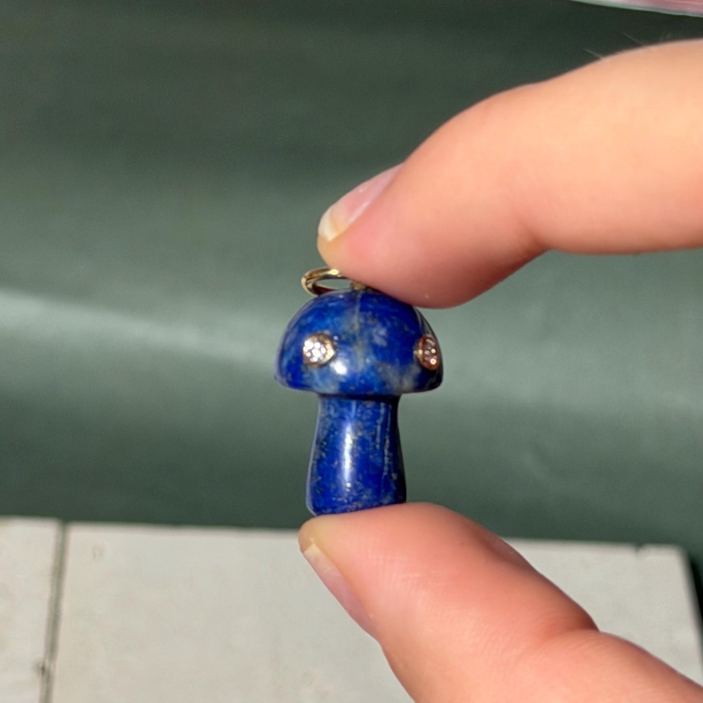 14K Solid Gold Lapis Lazuli Mushroom Pendant with Natural Diamond Accents –