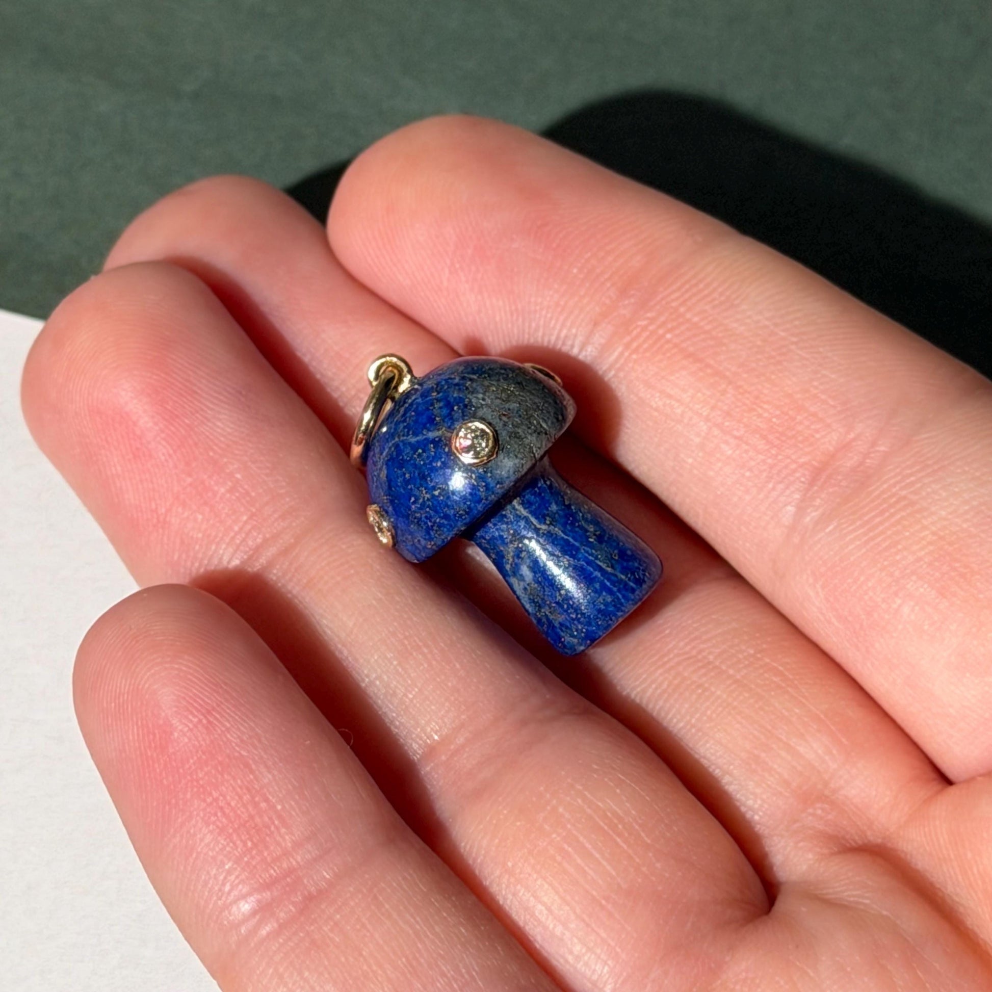 14K Solid Gold Lapis Lazuli Mushroom Pendant with Natural Diamond Accents –