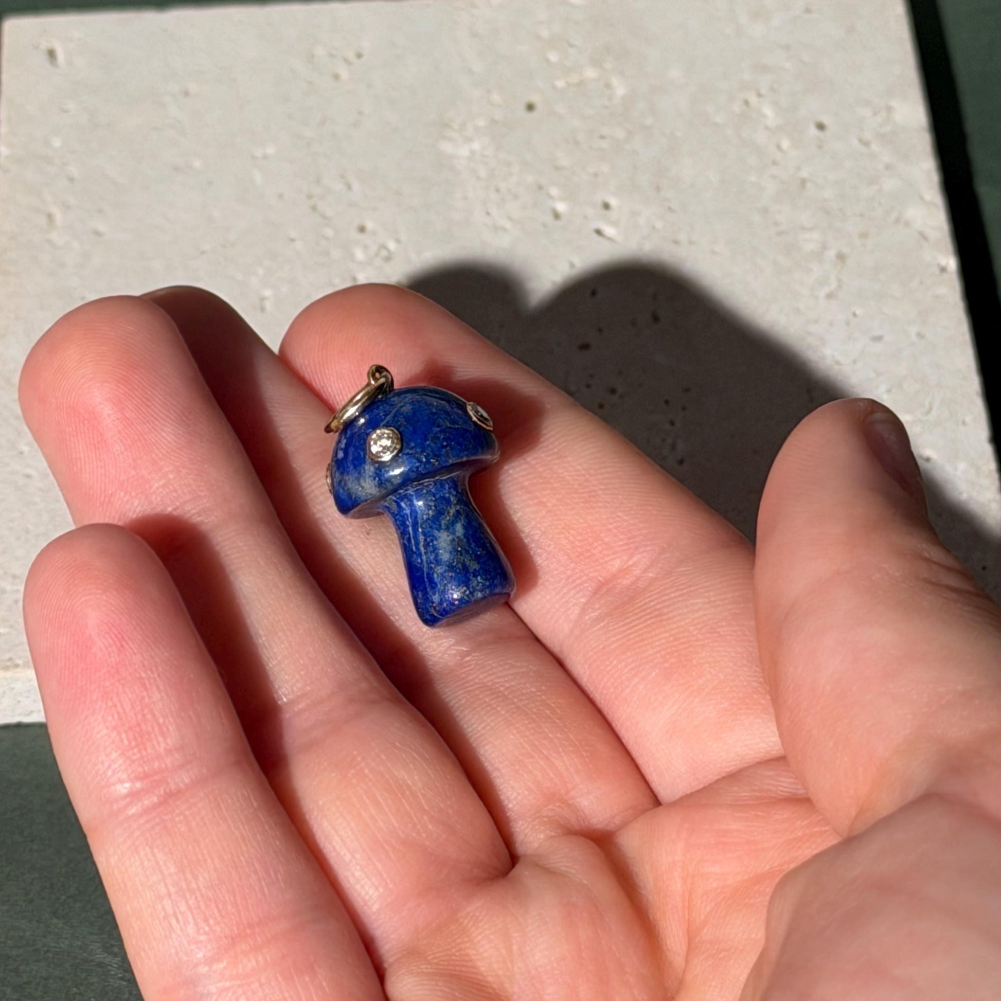 14K Solid Gold Lapis Lazuli Mushroom Pendant with Natural Diamond Accents –