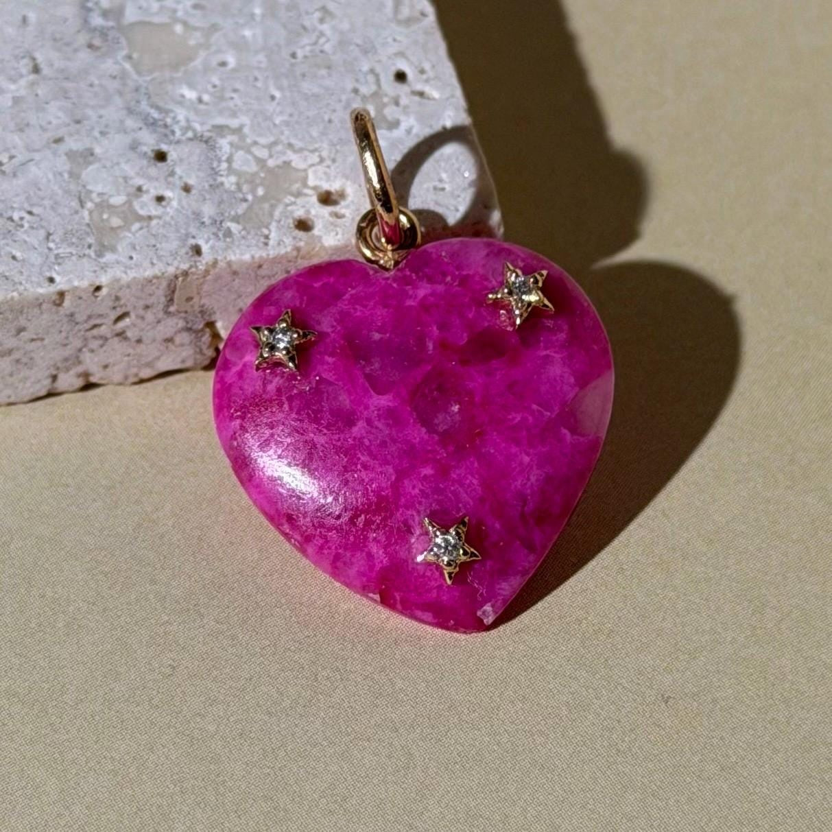 14K Solid Gold Pink Calcite Heart Pendant with Natural Diamonds 1” long