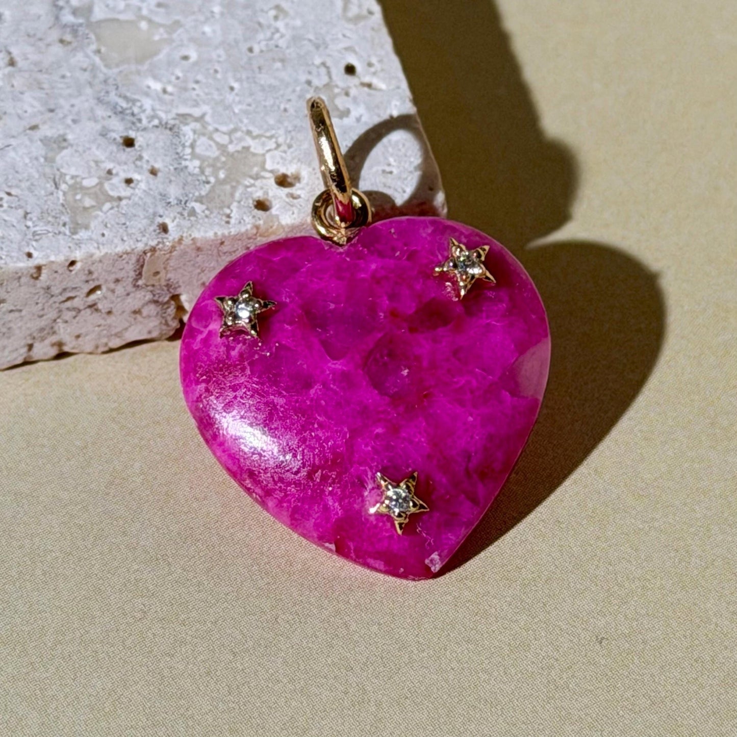 14K Solid Gold Pink Calcite Heart Pendant with Natural Diamonds 1” long