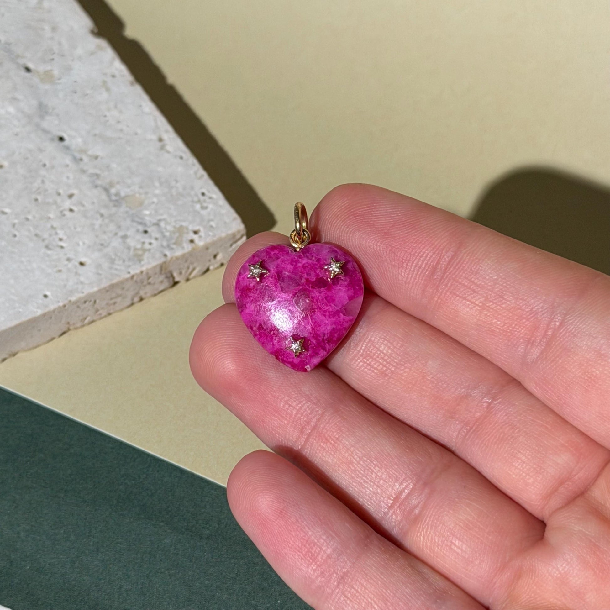 14K Solid Gold Pink Calcite Heart Pendant with Natural Diamonds 1” long
