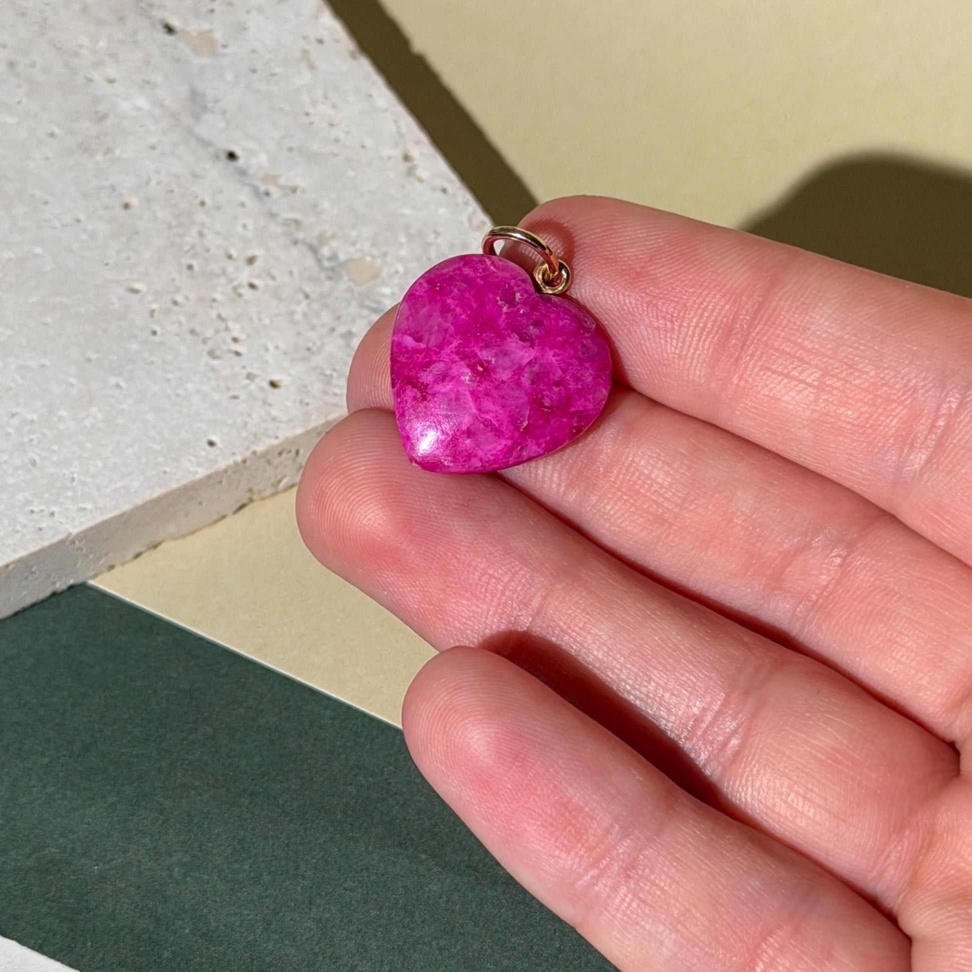 14K Solid Gold Pink Calcite Heart Pendant with Natural Diamonds 1” long