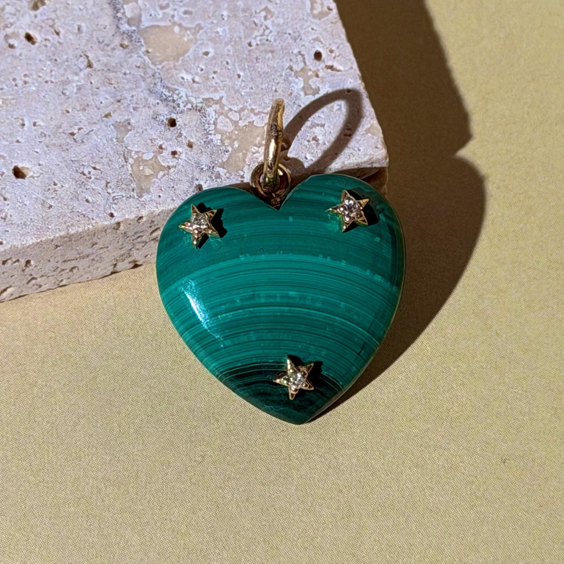 14K Solid Gold Pink Malachite Heart Pendant with Natural Diamonds 1” long