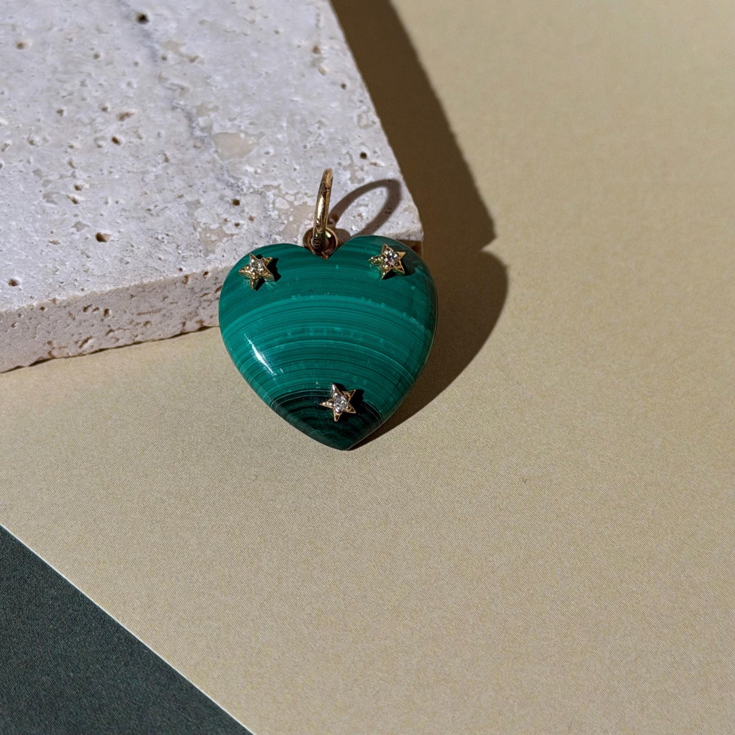 14K Solid Gold Pink Malachite Heart Pendant with Natural Diamonds 1” long