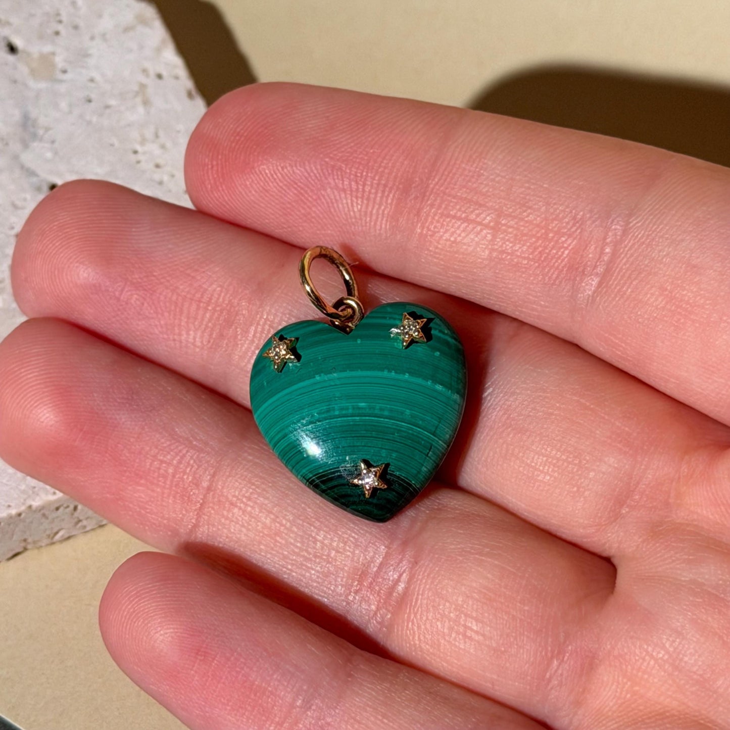 14K Solid Gold Pink Malachite Heart Pendant with Natural Diamonds 1” long