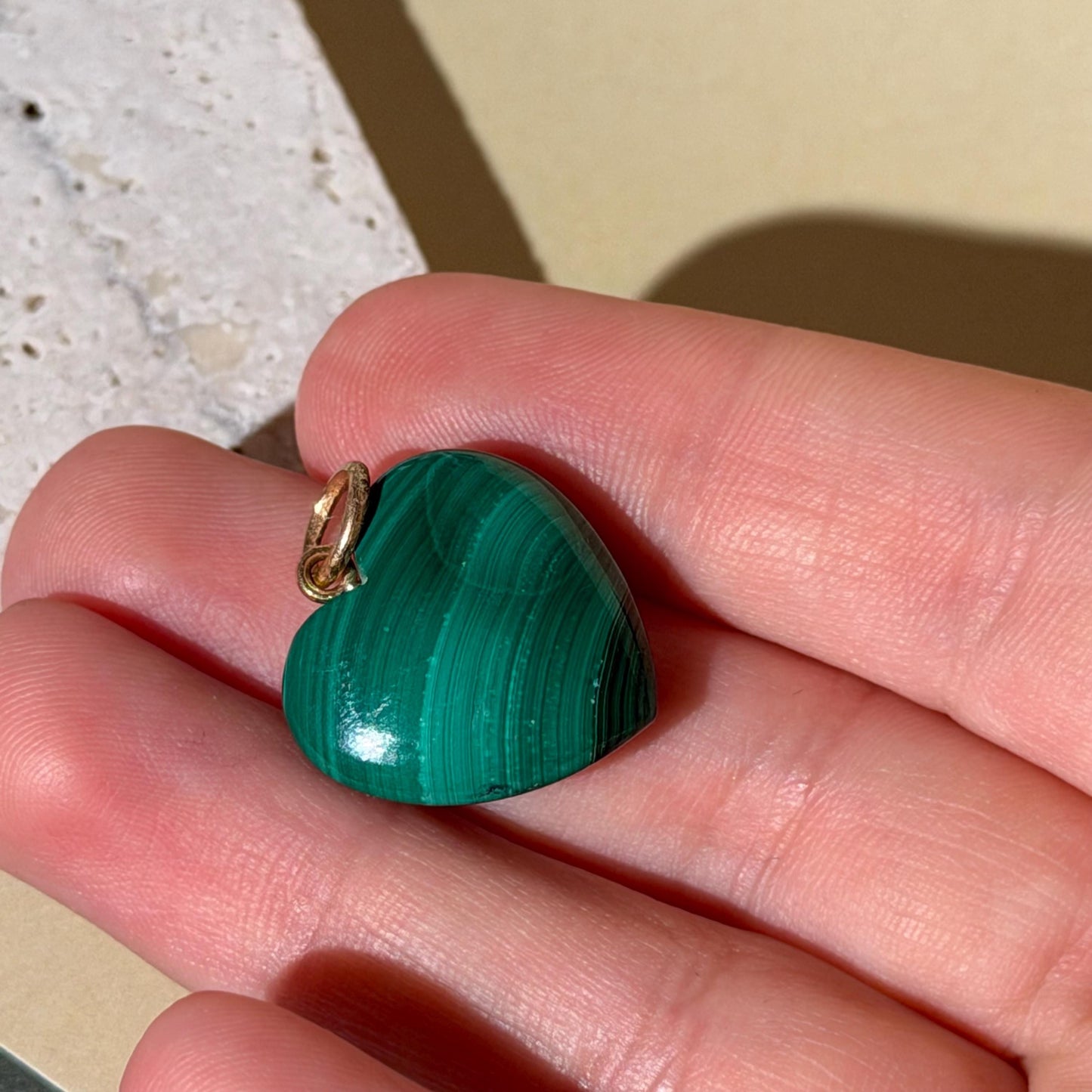 14K Solid Gold Pink Malachite Heart Pendant with Natural Diamonds 1” long